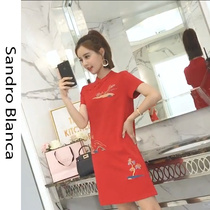 Sandro Blanca college entrance examination short cheongsam summer fashion red pullover round neck embroidery net red retro dress