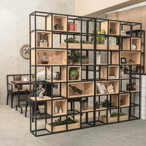 Nordic Wrought iron partition Solid wood bookshelf Simple floor shelf Living room Industrial wind display cabinet Office screen