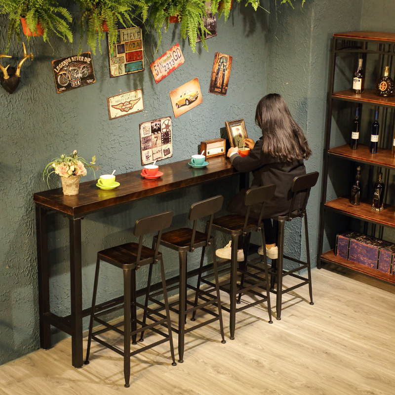 Retro wall leisure coffee table Water bar Wrought iron bar table Household long solid wood bar table High foot bar table and chair