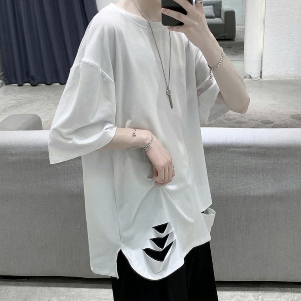 Hem split T-shirt men's Hong Kong style short-sleeved boys all-match hole solid color T-shirt loose Korean version trend summer split
