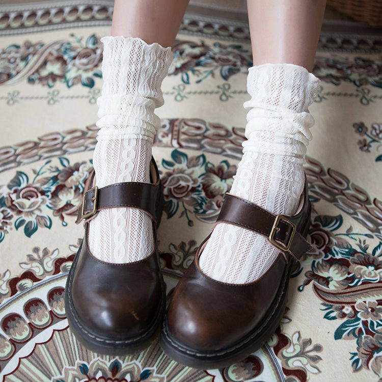 Socks Woman Midbarrel Socks Outside Wearing Tide Ins Lace Slim hollow middle cylinder Hemp Flowers Pile Socks Cute soft-girl dress Sox 