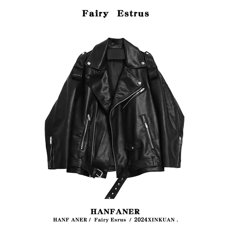 Black Suit Collar Pu Leather Jacket for Women, Spring and Autumn 2026 New Style, Hong Kong Style Design, Slimming Biker Jacket Top