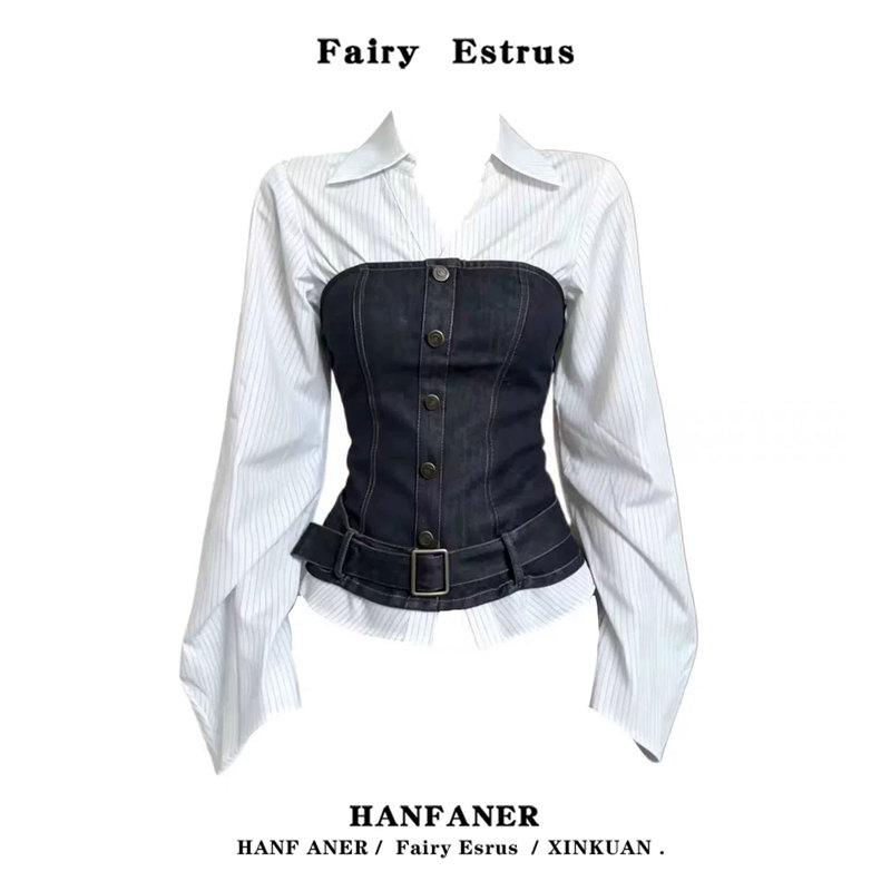 Korean Retro Preppy Style Outfit with Contrasting Denim Tube Top, Layered Striped Shirt, Casual Wide-Leg Pants Set Korean Retro Preppy Style Outfit with Contrasting Denim Tube Top, Layered Striped Shirt, Casual Wide-Leg Pants Set