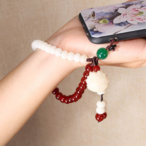 (middle country wind mobile phone hanging rope) with cool white jade Bodhi phone pendant red Manau Ancient Wind Mobile Phone Chain Web Red Tape Detachable Anti-Loss Rope High-end National Tide Cell Phone Shell Hanging for short men and women