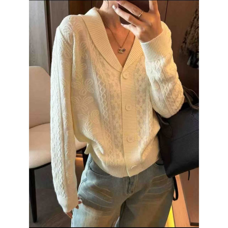 Women's Knitted Organza Cardigan with a Peter Pan Collar, Cable Knit, Four-Button Closure, Long Sleeves, No Free Shipping, 3.17, Length 61