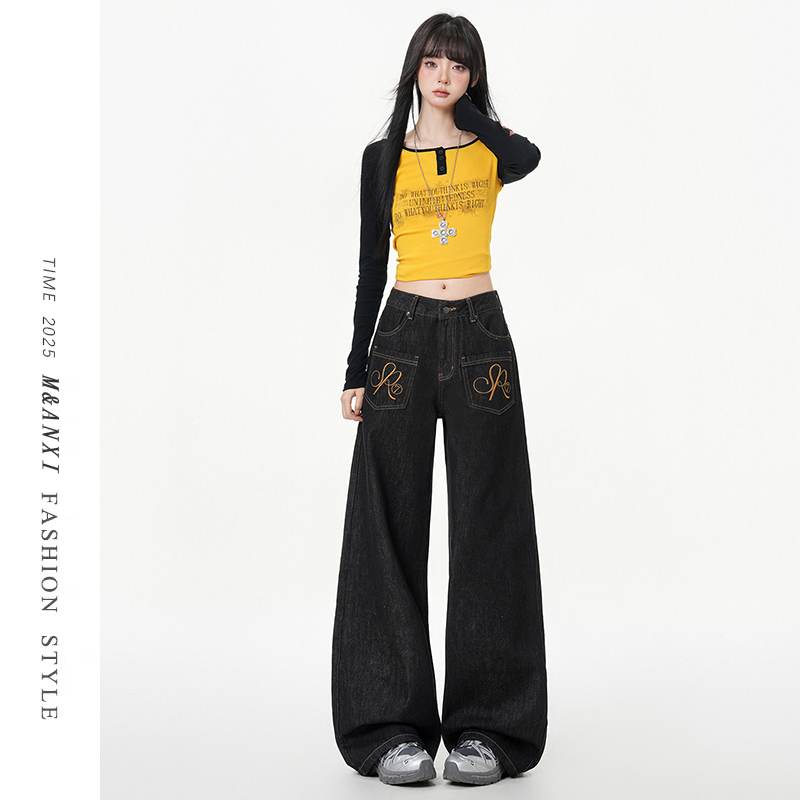 American Retro Embroidered Washed Jeans for Women, High Street Design, High-Waisted, Loose Straight-Leg Casual Wide-Leg Pants American Retro Embroidered Washed Jeans for Women, High Street Design, High-Waisted, Loose Straight-Leg Casual Wide-Leg Pants