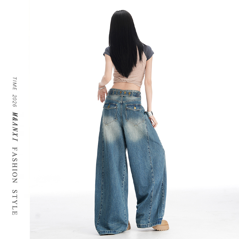 American Retro Wide-Leg Jeans for Women 2026 New Style Street Vintage Adjustable Back Waist Buckle Floor-Length Pants