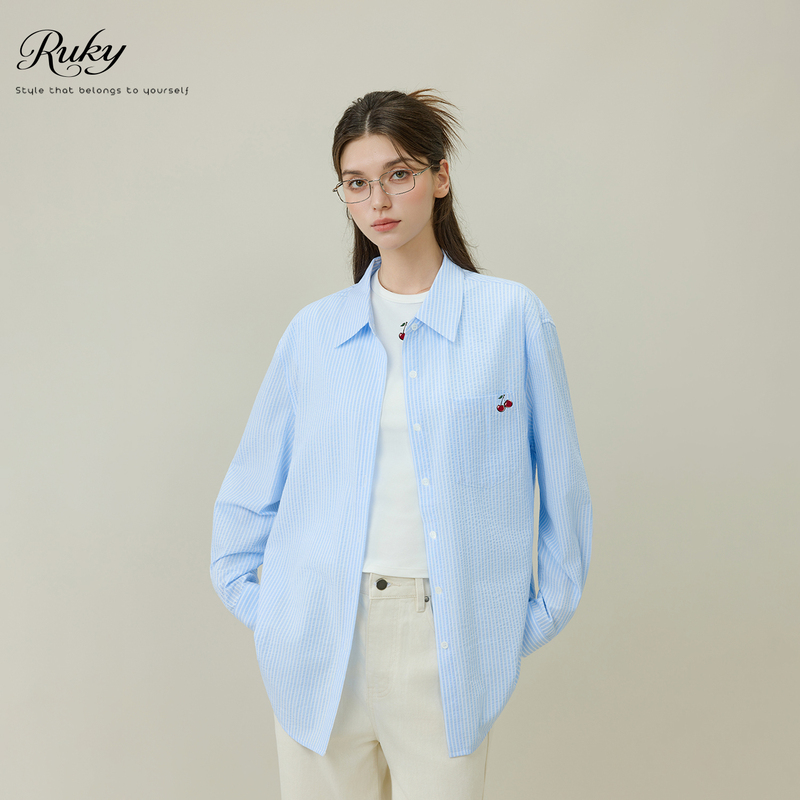 Ruky Niche Design Cherry Print Striped Shirt for Women, Long-Sleeved, New Loose Fit, Slimming Casual Shirt for Spring and Autumn