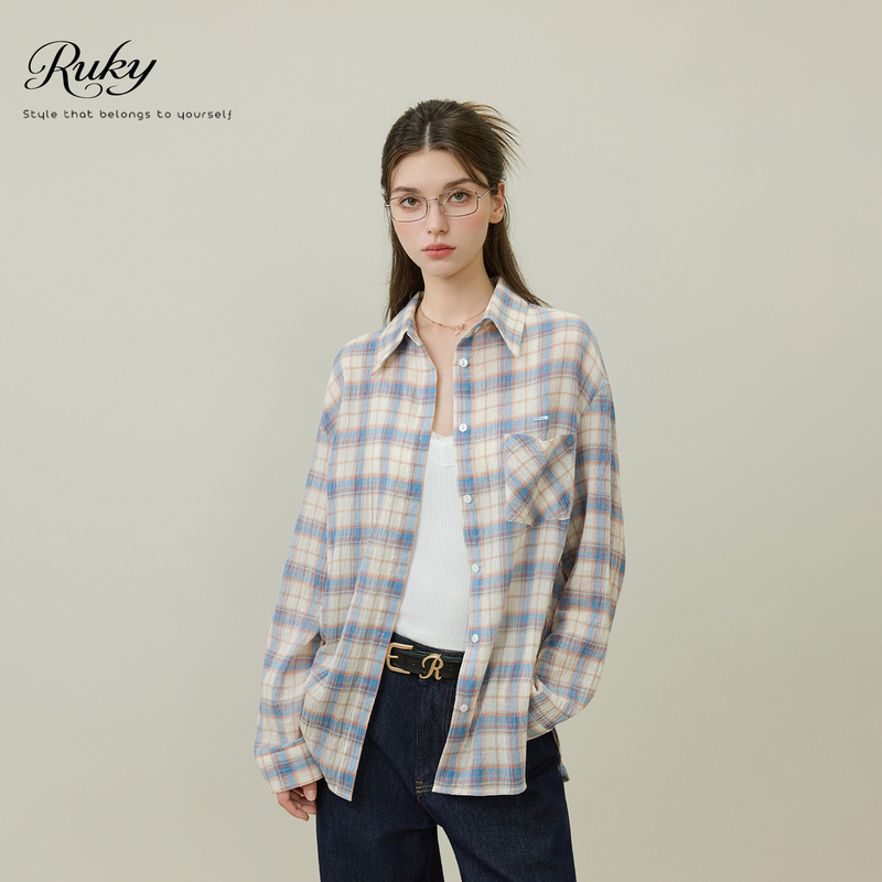 Ruky Niche Design Plaid Shirt for Women, Long-Sleeved, Spring and Autumn 2026 New Style, Lazy Style Casual Versatile Shirt Jacket