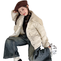 Girls winter jacket 2023 new medium and large childrens style plus velvet and thickened girls down cotton coat tops childrens clothing