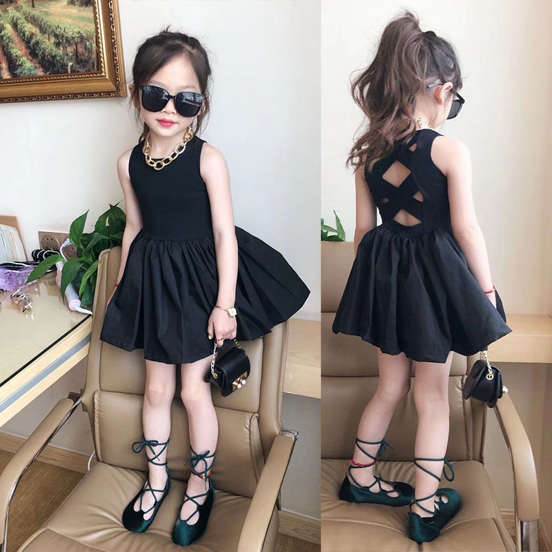 Girl Ocean Dress 2022 New Summer Children Dress Han Edition Foreign Palate Children's Back Cross Little Black Dress Fluffy