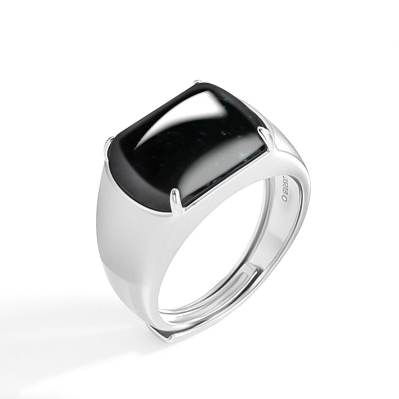 Cui Yingfu S925 silver natural A goods jade ink jade saddle ring ice jade graphite jade ring men's D965