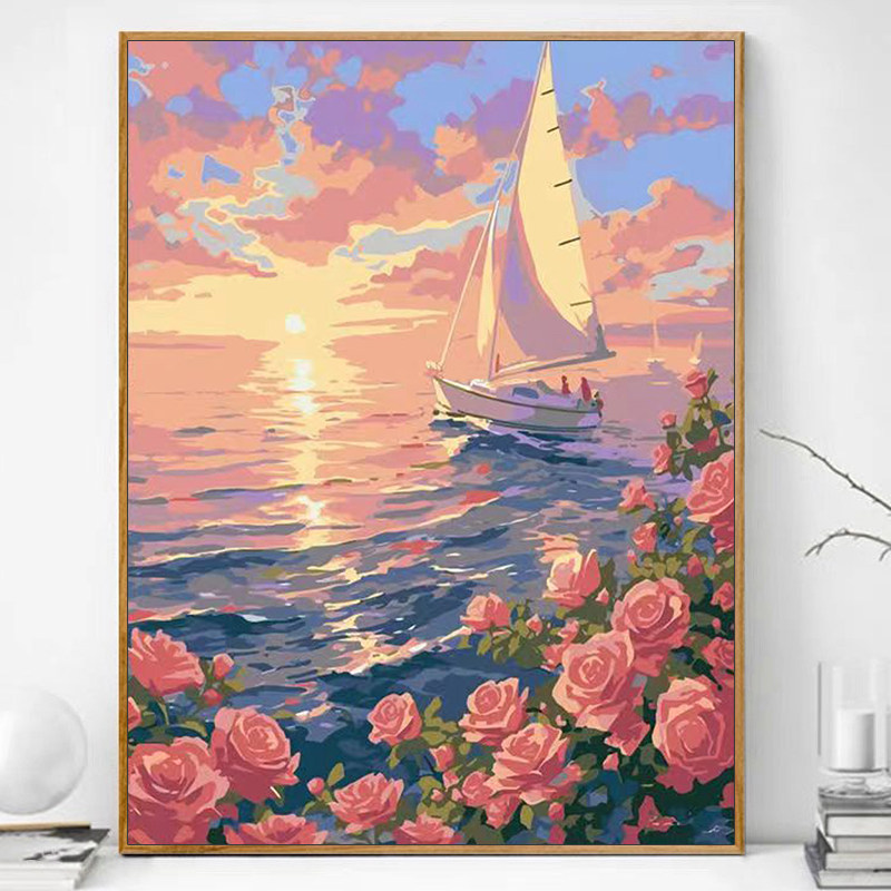 海边玫瑰花diy数字油画花卉手工填色治愈系油彩画涂色丙烯画画