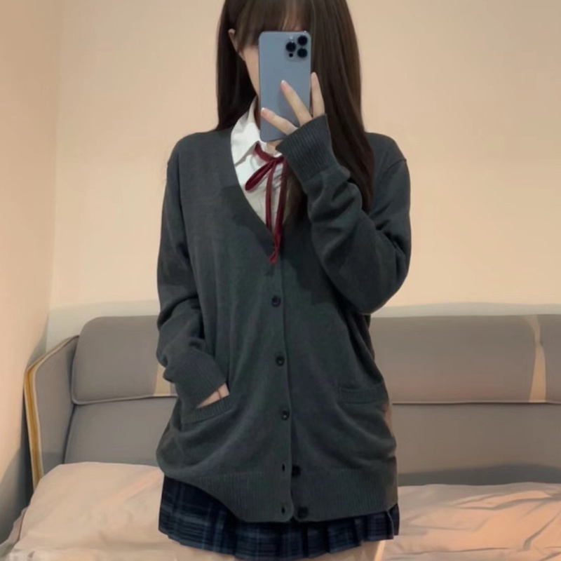 Sandstone 2026 New Pure Cotton Jk Cardigan Sweater Dark Gray Long-Sleeved Preppy Style Lazy Style Knitwear for Women