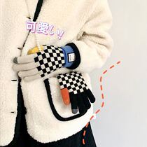 Mime Touch Screen Chessboard Lattice Points Finger Gloves Women Winter Warm Cute Hair Line Riding Anti-Chill Plus Suede Thickening