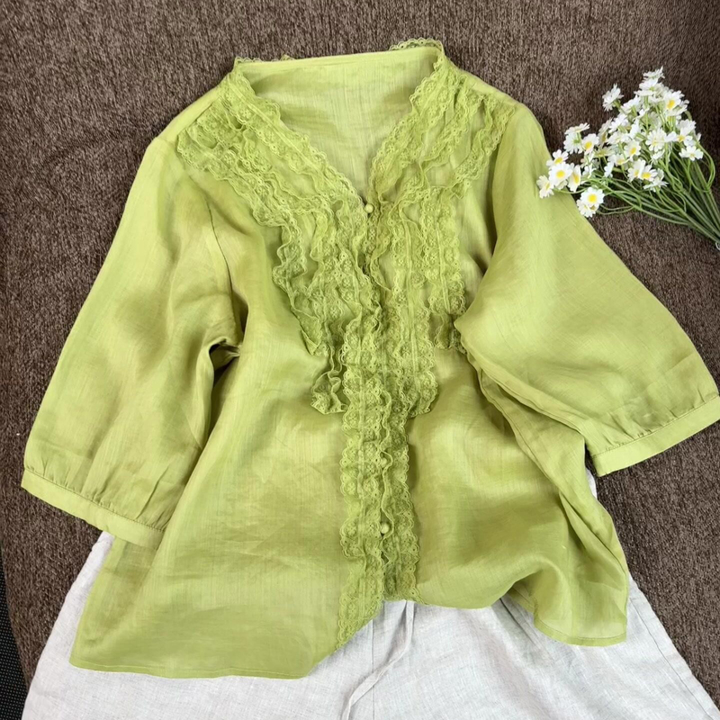 Highly Recommended! Green V-Neck Lace Patchwork Ramie Shirt for Women, Summer Korean High-End Niche Thin Top