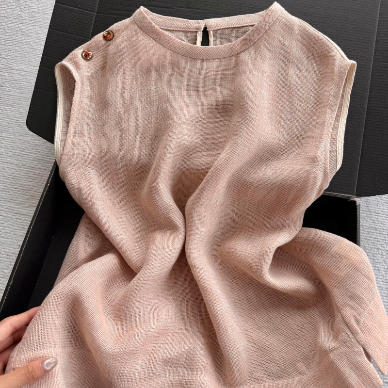 Highly Recommended! Pink Linen Round-Neck Vest for Women, New Summer Style, Minimalist Loose Sleeveless Top