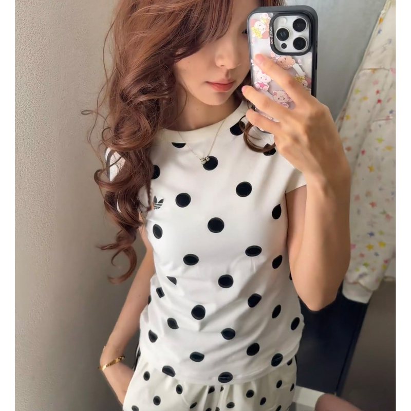 Song Yuqi's Same Style Three-Stripe Retro Women's Casual Polka Dot Slim-Fit Short-Sleeve Pure Cotton Round-Neck Sports T-Shirt Kv**93