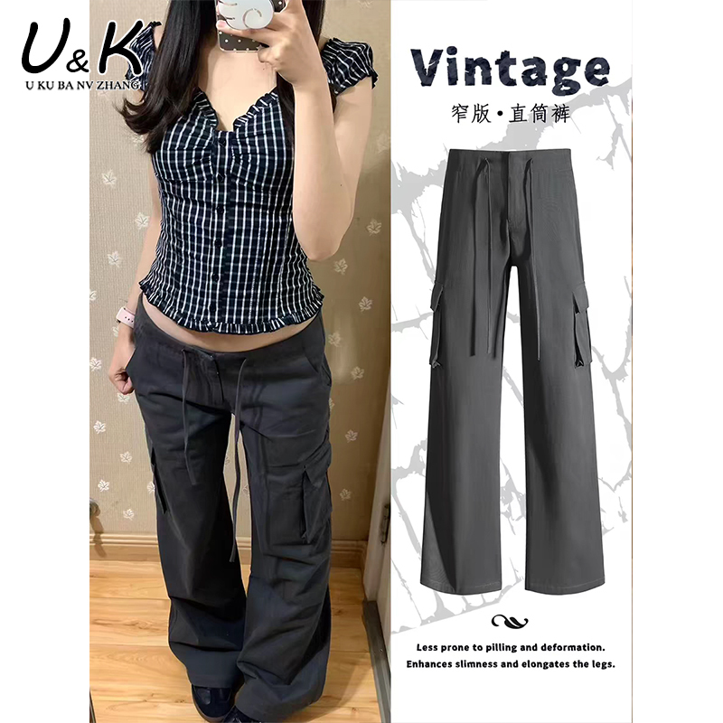 American Retro Gray Straight-Leg Work Pants for Women, 2026 Summer New Style, Functional Pure Cotton Low-Waist Drawstring Casual Pants