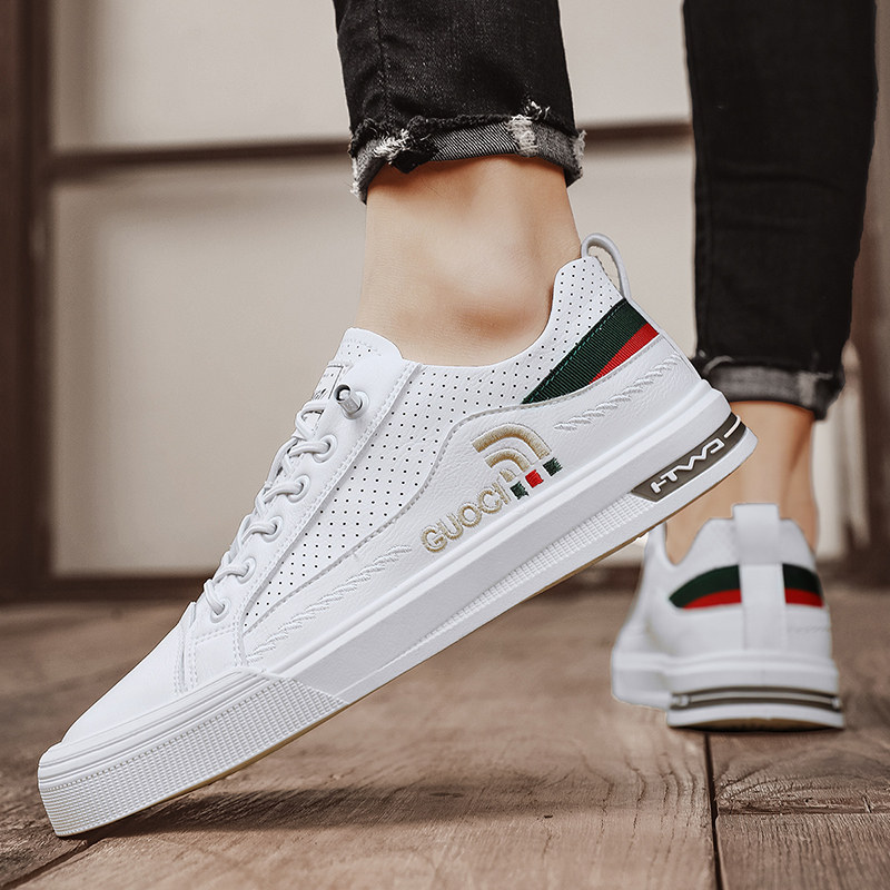 Men's shoes summer breathable leather sneakers 2022 new men's trendy white shoes all-match sports and leisure leather shoes