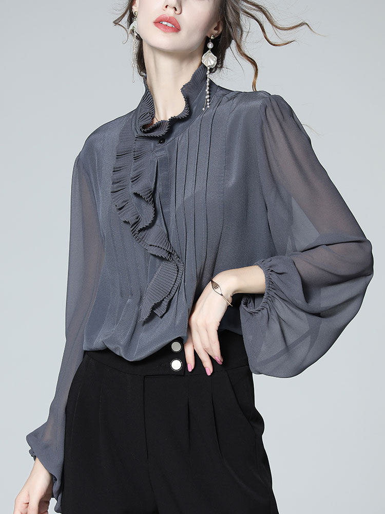 High-end big-name silk shirt women's 2022 spring new ruffles French design sense niche mulberry silk top