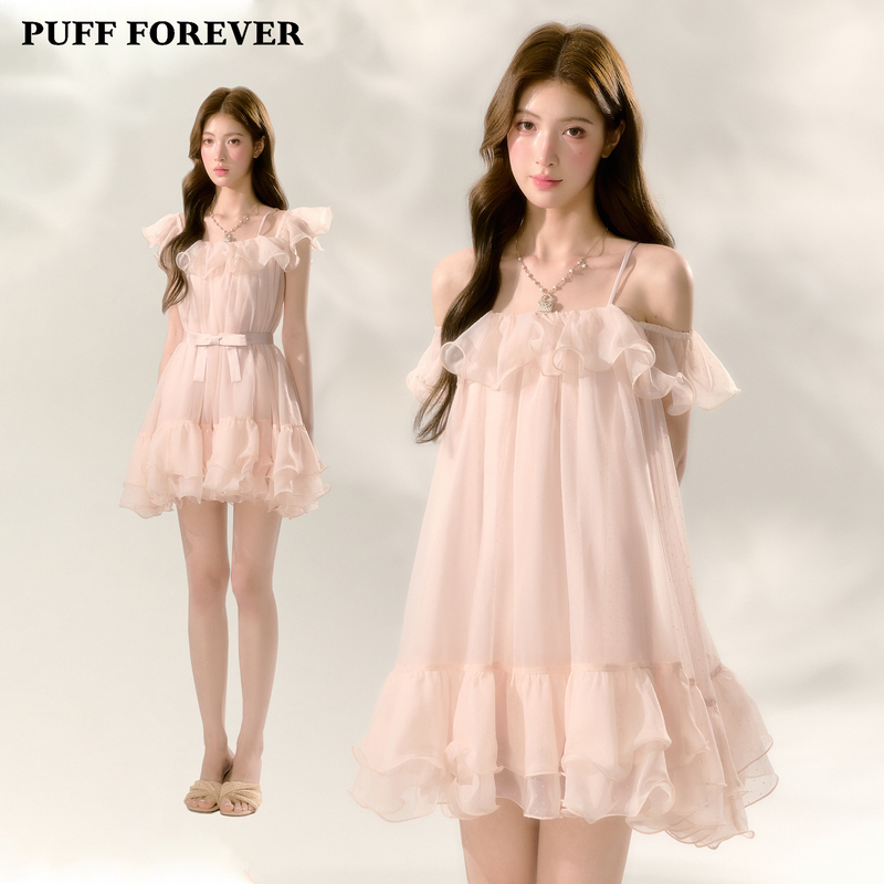 Puffforever "Pink Mist Pearl" Ruffled One-Shoulder Strap Polka Dot Mesh Princess Dress