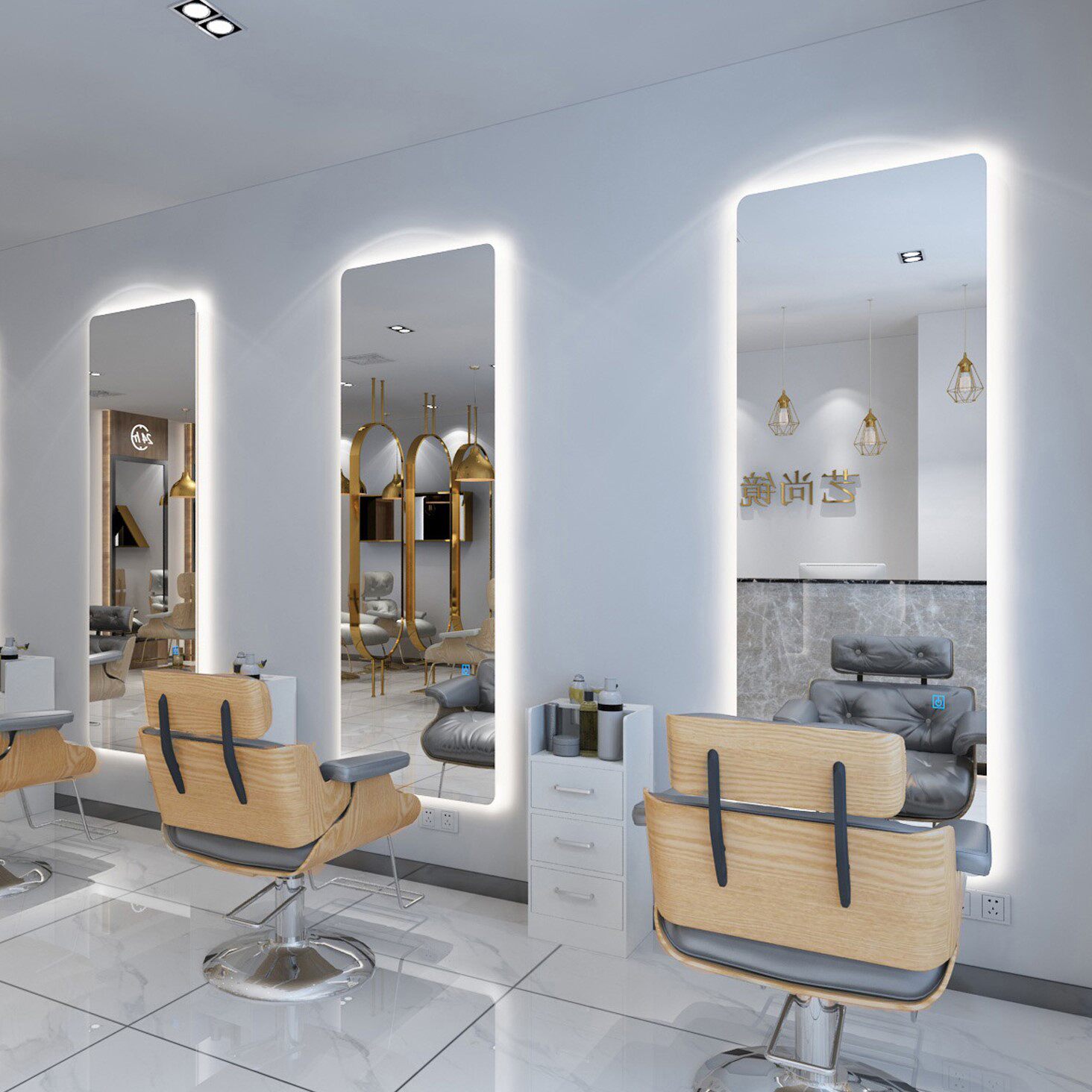 Lili shop mirror wall-mounted makeup mirror with lamp hairdressing supplies large mirror table hair salon special single-sided smart mirror