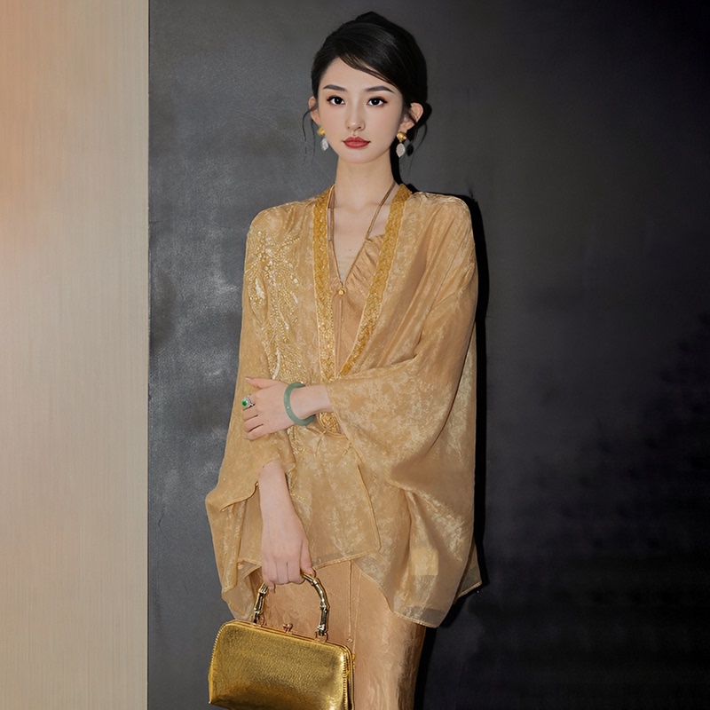 Chinese Style New 2025 Embroidered Beaded Golden Rayon Shirt for Women, Light Luxury Loose Fit Koi Beaded Top