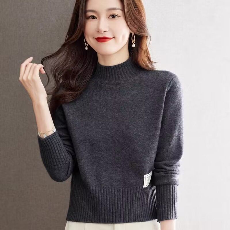Short High-Waisted Half-Turtleneck Knitted Sweater for Petite Women, Autumn and Winter Lazy Style, Loose and Fashionable Waist-Accentuating Top