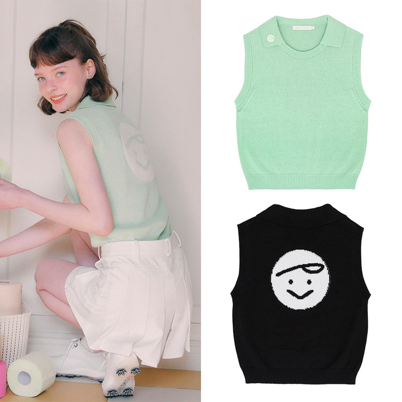 Korean Golf Knitted Vest for Women, Trendy Brand New Style with a Smiley Face on the Collar, Sporty, High-End, Comfortable and Luxurious Korean Golf Knitted Vest for Women, Trendy Brand New Style with a Smiley Face on the Collar, Sporty, High-End, Comfortable and Luxurious