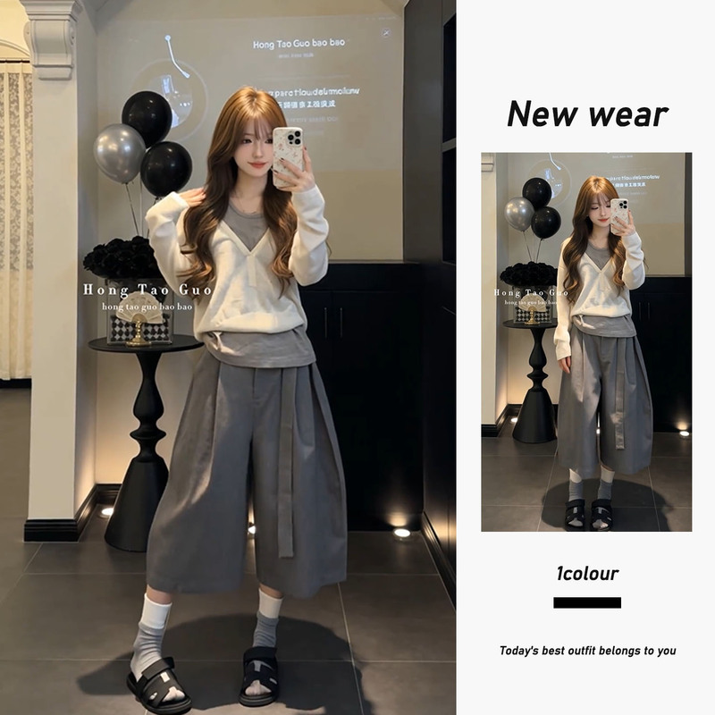 Unique and Beautiful Early Spring Casual V-Neck Long-Sleeved Top with Sleeveless Vest and Loose Wide-Leg Pants Set