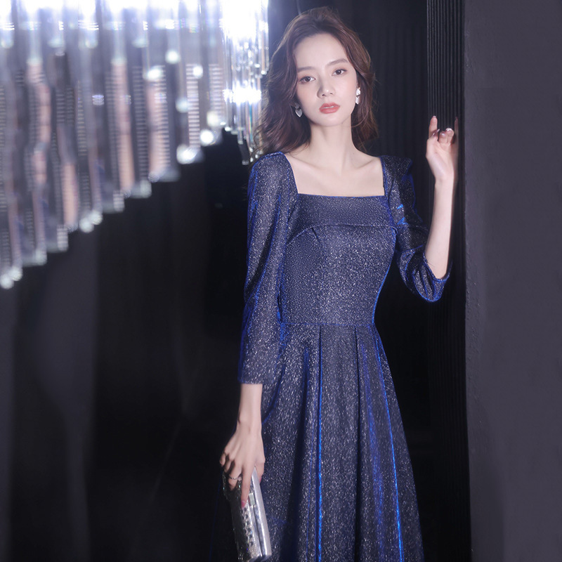 蓝色晚礼服裙女2021新款优雅大气宴会主持人气质长袖端庄年会礼服