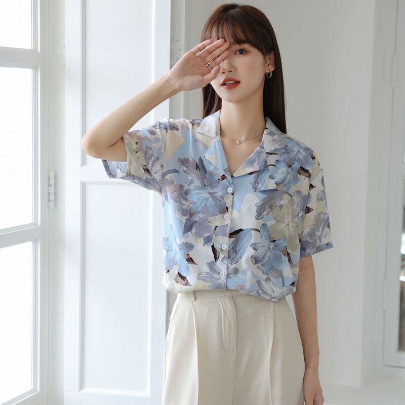Guangdong Puning Women's Shirt Summer Casual Retro Chiffon Suit Collar Short-Sleeved Shirt Women's Work Clothing Printed Hong Kong Style