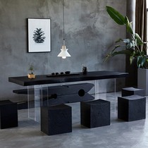 Wabi-sabi style solid wood large table carbonized black B&B log dining table acrylic work table suspended conference tea table