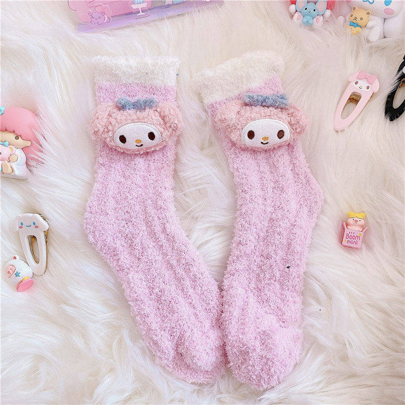 Autumn and winter color matching women's cute cinnamon dog Melody Kulomi home floor socks warm women's socks mid-tube thick socks