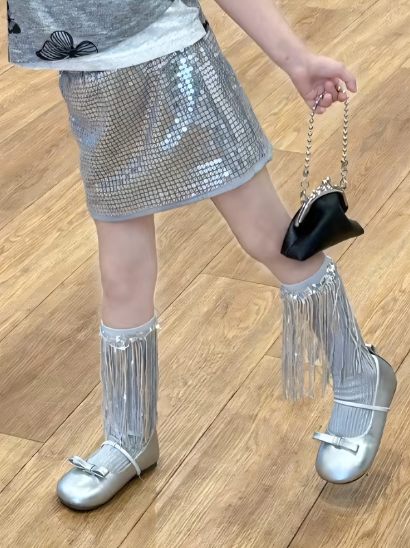 2025 New Tassel Socks Niche Designer Runway Style Sequin Silver Mid-Calf Socks Japanese Retro Children's Socks 2025 New Tassel Socks Niche Designer Runway Style Sequin Silver Mid-Calf Socks Japanese Retro Children's Socks
