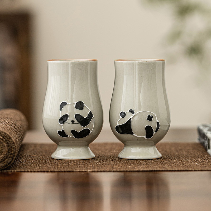 Creamy straw wood grey hand-painted panda smelling cup tea cup master cup ceramic utilita tea with single cup of tea drinking cup-Taobao