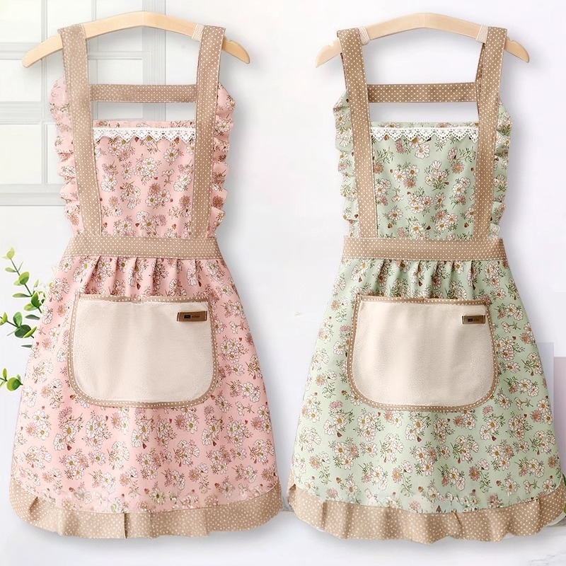 Japanese Mujx Princess Apron for Women, with Hand-Wiping Feature and Back Buckle, Household Kitchen Oil-Proof Fabric Apron with Large Pockets