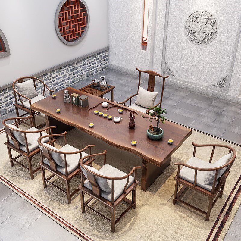 Tea table solid wood tea table chair combination New Chinese meditation modern Gongfu tea a few offices log large plate tea table