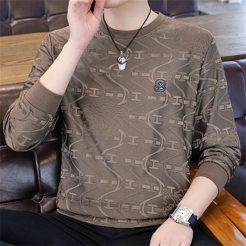 High-End Mulberry Silk Long-Sleeve T-Shirt for Men, Spring and Autumn 2026 New Trendy Jacquard Crew Neck Men's Base Shirt Sweatshirt High-End Mulberry Silk Long-Sleeve T-Shirt for Men, Spring and Autumn 2026 New Trendy Jacquard Crew Neck Men's Base Shirt Sweatshirt