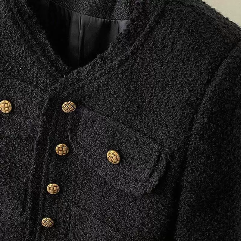 Черная короткая осенняя куртка, брендовая с длинным рукавом, стиль Chanel, 2024 год