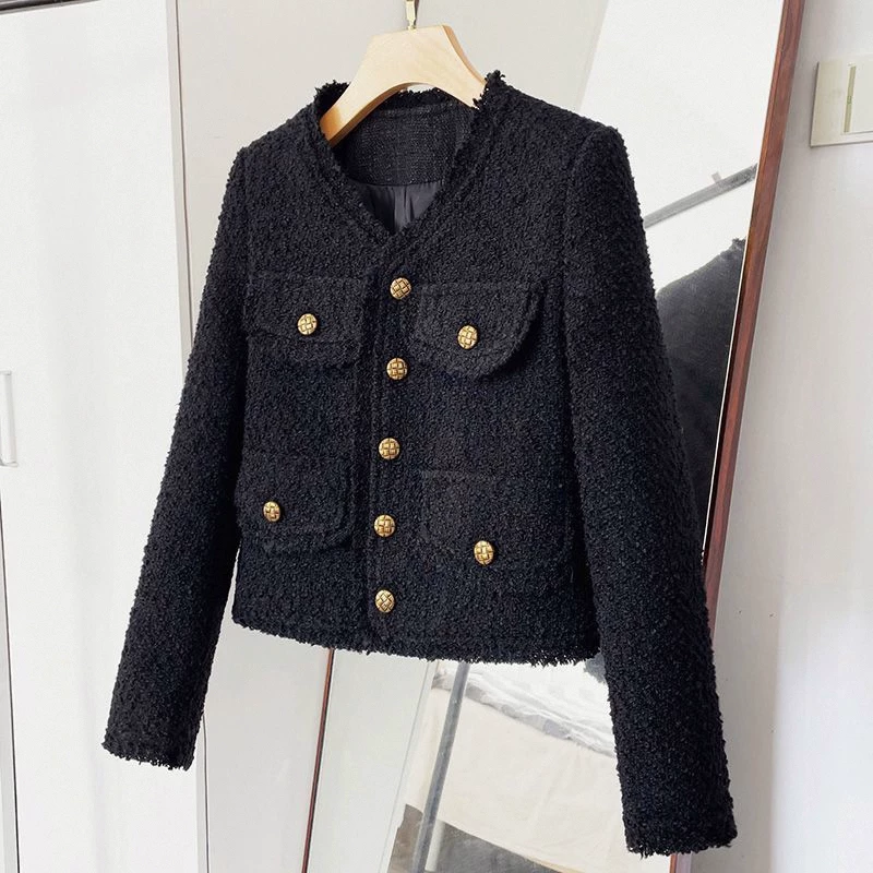 Черная короткая осенняя куртка, брендовая с длинным рукавом, стиль Chanel, 2024 год