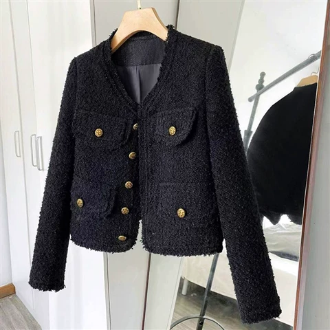 Черная короткая осенняя куртка, брендовая с длинным рукавом, стиль Chanel, 2024 год