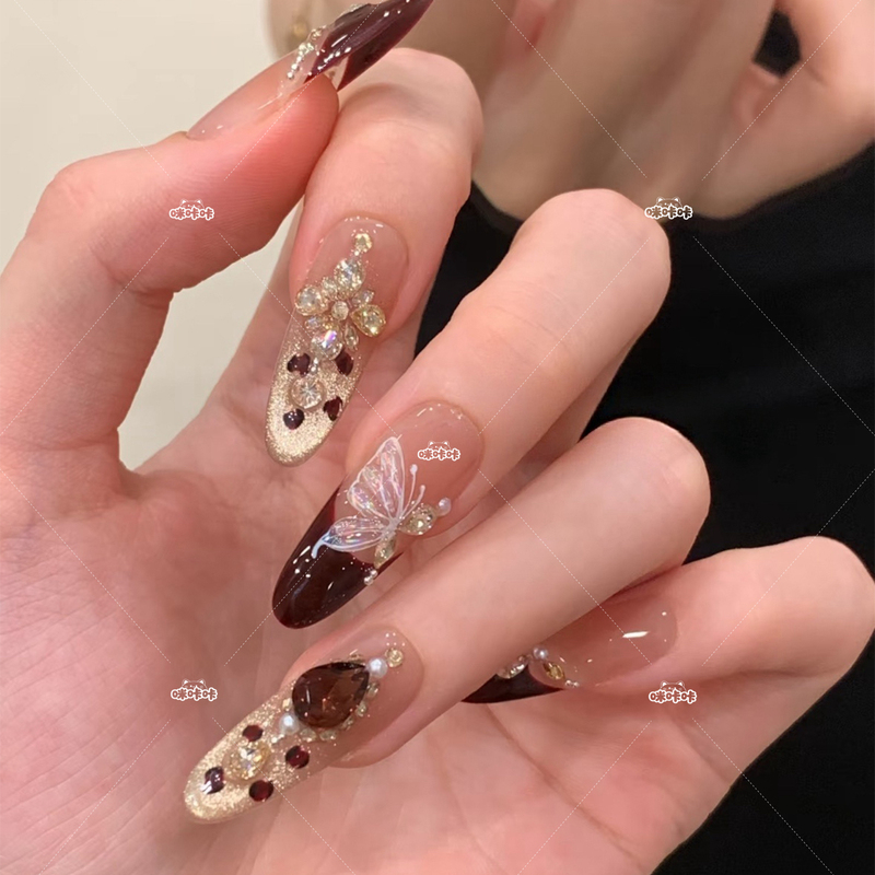 [Bordeaux Night] Autumn and Winter New Luxury Red-Brown French Cat-Eye Nail Art with Butterfly Design Handmade Wearable Nails