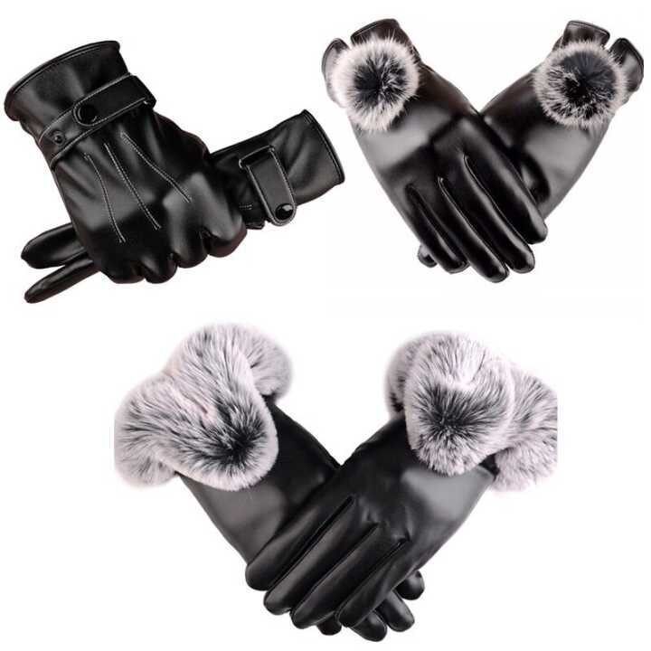 Winter bicycling leather gloves warm and suede ladies touch screen men's locomotive winter gloves thickened windproof Korean version