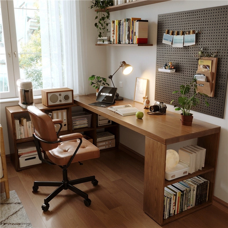 All Solid Wood Corner Desk and Bookcase Integrated Multi-Functional Home L-Shaped Corner Computer Desk Simple Office Workbench