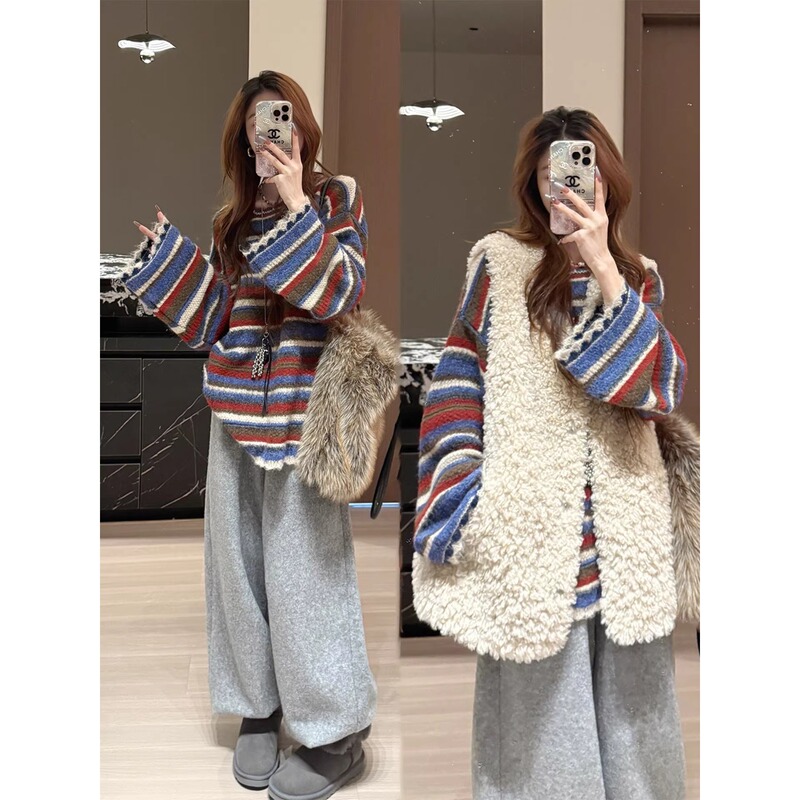 Lazy Style Contrasting Striped Lamb Wool Vest Knitted Sweater for Women Winter Warm Layered Outerwear Lazy Style Contrasting Striped Lamb Wool Vest Knitted Sweater for Women Winter Warm Layered Outerwear