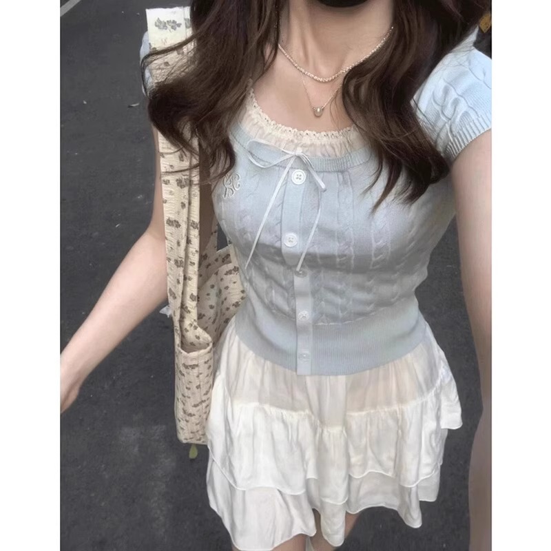 Sweet and Spicy Girl Outfit for Petite Women, Summer Outfit with a Complete Set of Sweet and Pure Style Puffy Short Skirt Two-Piece Set