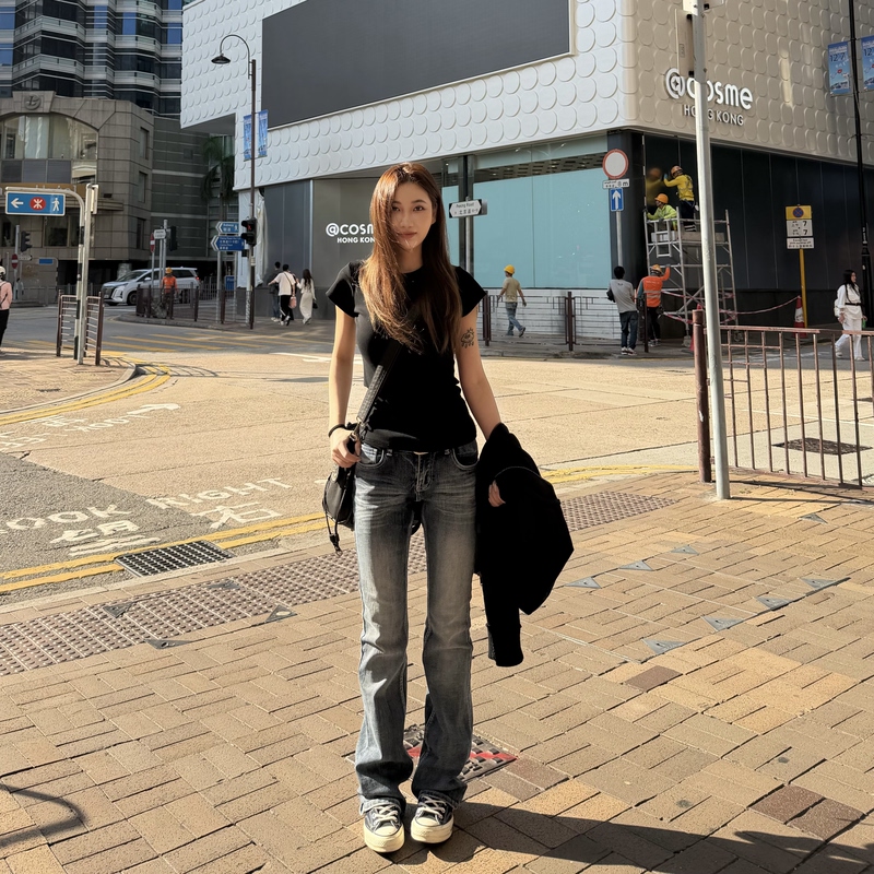 Xinyawu Spring Dark-Colored Low-Waist Slim-Fit Jeans, Slightly Flared Pants, Slightly Straight-Leg Pants, Women's Floor-Length Style