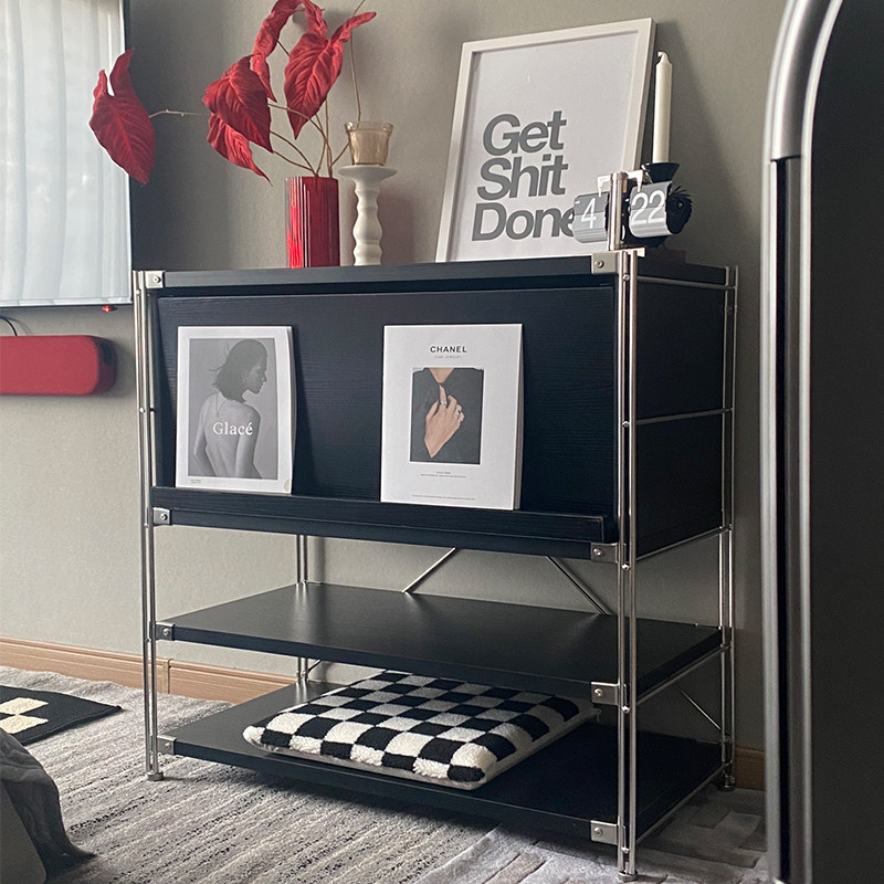 Black Turned Door Magazine Cabinet Day Style Stainless Steel Shelving Nordic ins Creative Bauhaus Living room Entrance Cabinet-Taobao
